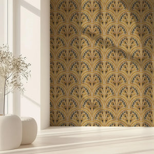 Shell Seekers wallpaper by Liberty James Studio in gold, a scallop shell pattern on a living room wall