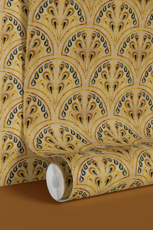 Shell Seekers wallpaper by Liberty James Studio in gold, roll showing a scallop shell pattern