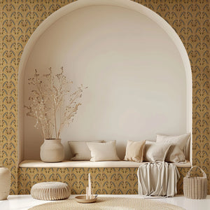 Shell Seekers wallpaper by Liberty James Studio in gold, a scallop shell pattern in a living room