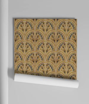 Shell Seekers wallpaper by Liberty James Studio in gold, sample roll showing a scallop shell pattern