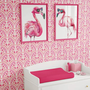 Shell Seekers wallpaper by Liberty James Studio in pink, a scallop shell pattern in a child's room