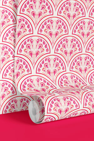 Shell Seekers wallpaper by Liberty James Studio in pink, sample roll showing a scallop shell pattern (alternate view)