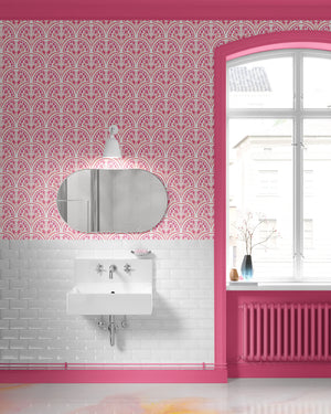 Shell Seekers wallpaper by Liberty James Studio in pink, a scallop shell pattern in a bathroom