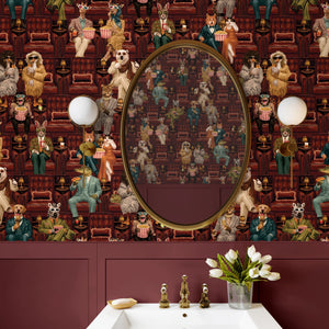 Showtime wallpaper by Brand McKenzie in brown, vintage theatre performers on a hallway wall