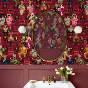 Showtime wallpaper by Brand McKenzie in red, vintage theatre performers in an entryway