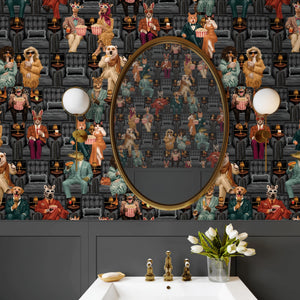 Showtime wallpaper by Brand McKenzie in navy, vintage theatre performers in a hallway