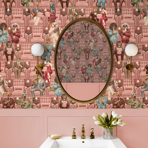 Showtime wallpaper by Brand McKenzie in pink, vintage theatre performers on a hallway wall