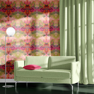 Siesta Key wallpaper by Liberty James Studio in pink and green, a marbled mirrored design in a living room