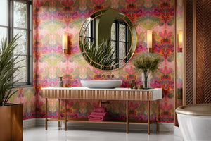 Siesta Key wallpaper by Liberty James Studio in pink and green, a marbled mirrored design on a bathroom wall