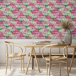 Silk Shades wallpaper by Brand McKenzie in pink, layered silk lampshades in a dining area