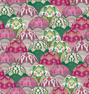 Silk Shades wallpaper by Brand McKenzie in pink, detail of layered silk lampshades