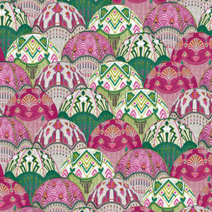 Silk Shades wallpaper by Brand McKenzie in pink, close-up of layered silk lampshades