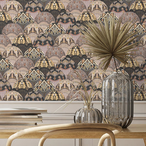 Silk Shades wallpaper by Brand McKenzie in charcoal, layered silk lampshades in a dining room