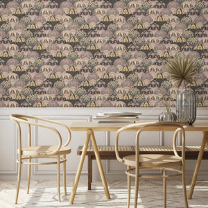 Silk Shades wallpaper by Brand McKenzie in grey, layered silk lampshades in a dining area