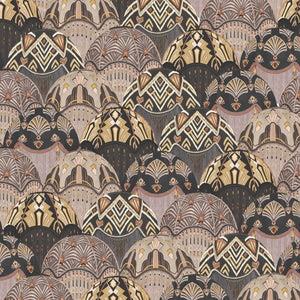 Silk Shades wallpaper by Brand McKenzie in grey, close view of layered silk lampshades