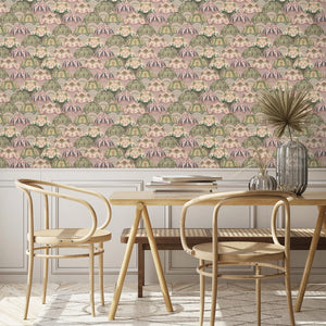 Silk Shades wallpaper by Brand McKenzie in pink and olive, layered silk lampshades in a dining room