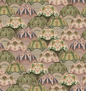 Silk Shades wallpaper by Brand McKenzie in pink and olive, detail of layered silk lampshades