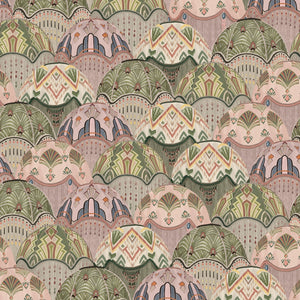 Silk Shades wallpaper by Brand McKenzie in pink and olive, close-up of layered silk lampshades