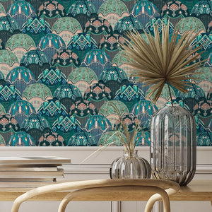 Silk Shades wallpaper by Brand McKenzie in teal, layered silk lampshades in a dining area
