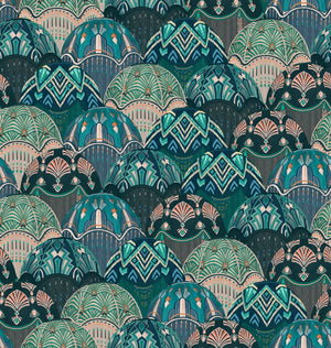 Silk Shades wallpaper by Brand McKenzie in teal, pattern detail of layered silk lampshades