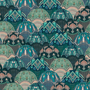 Silk Shades wallpaper by Brand McKenzie in teal, close view of layered silk lampshades