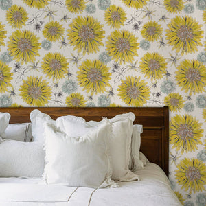 Sunflower and Flora wallpaper by Seed Home Designs in yellow and green, large sunflowers in a bedroom