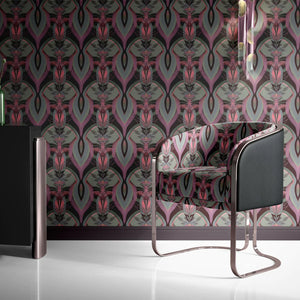 Soltar wallpaper by Tatie Lou in pink, a Deco arch pattern behind a sofa in a living room