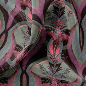 Soltar velvet by Tatie Lou in pink, in soft folds showing a Deco arch pattern