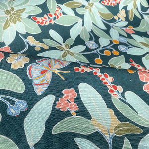 Sophia linen by Claire de Quénetain in green and pink, full repeat of a hand-painted floral design