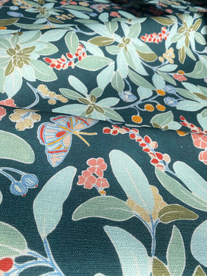 Sophia linen by Claire de Quénetain in green and pink, full repeat of a hand-painted floral design
