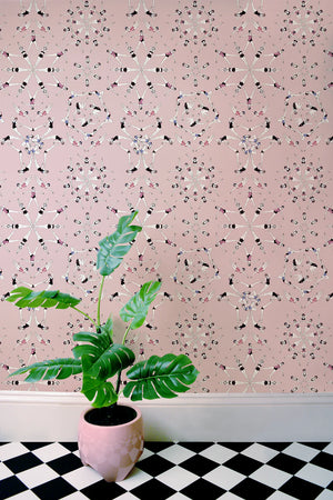 Splash wallpaper by Dupenny in pink, synchronised swimmers in an interior setting