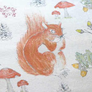 Organic Turn of the Seasons Squirrel linen by Seed Home Designs in brown and green, full repeat of squirrels among foliage