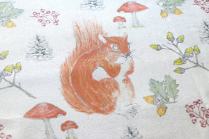Organic Turn of the Seasons Squirrel linen by Seed Home Designs in brown and green, full repeat of squirrels among foliage