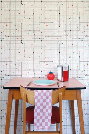 Star-Crossed wallpaper by Dupenny in cream, a star-crossed grid in a dining area