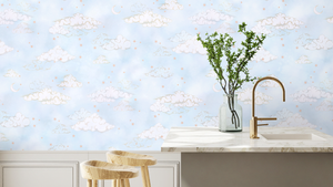 Starry Clouds wallpaper by Brand McKenzie in pale blue, soft clouds and stars in a kitchen