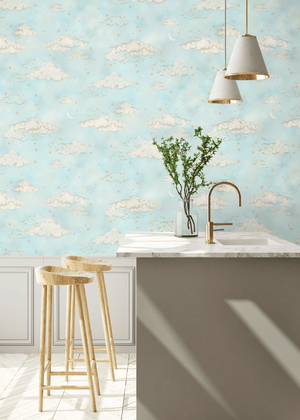Starry Clouds wallpaper by Brand McKenzie in mint green, close-up of soft clouds and stars