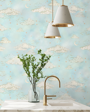 Starry Clouds wallpaper by Brand McKenzie in mint green, soft clouds and stars in a kitchen