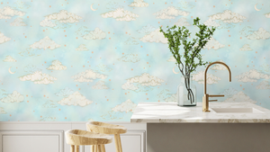 Starry Clouds wallpaper by Brand McKenzie in mint green, pattern detail of soft clouds and stars