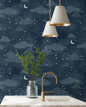 Starry Clouds wallpaper by Brand McKenzie in navy, soft clouds and stars in a kitchen