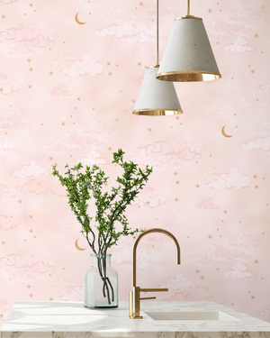 Starry Clouds wallpaper by Brand McKenzie in orange, soft clouds and stars behind bar stools