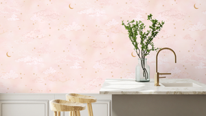 Starry Clouds wallpaper by Brand McKenzie in pink, soft clouds and stars in a kitchen