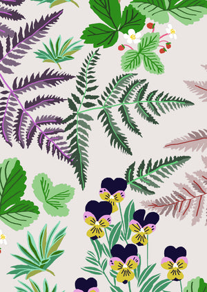 Strawberry Fields wallpaper by Parker and Jules in green, full repeat of strawberries, ferns and pansies