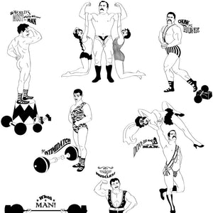 Strong Man wallpaper by Dupenny in black and white, full repeat of circus strongmen