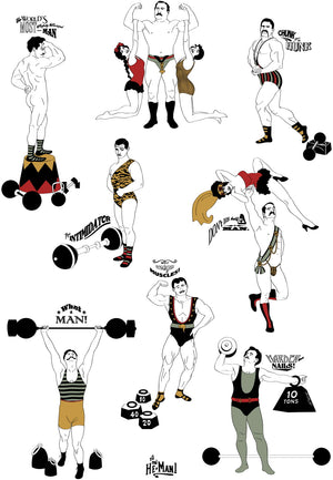 Strong Man wallpaper by Dupenny in multicolour, flat sample of circus strongmen