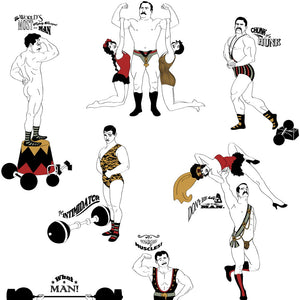 Strong Man wallpaper by Dupenny in multicolour, full repeat of circus strongmen