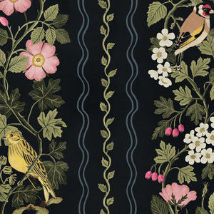 Hedgerows wallpaper by Studio Le Cocq in black, flat sample of hedgerow flowers and birds in stripes