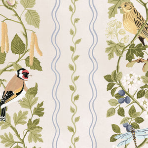 Hedgerows wallpaper by Studio Le Cocq in cream, full repeat of hedgerow flowers and birds in stripes