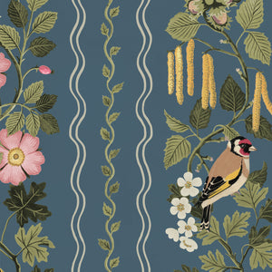 Hedgerows wallpaper by Studio Le Cocq in navy, flat sample of hedgerow flowers and birds in stripes