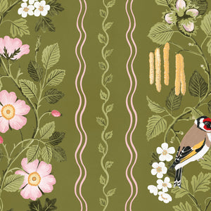 Hedgerows wallpaper by Studio Le Cocq in olive green, full repeat of hedgerow flowers and birds in stripes