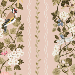 Hedgerows wallpaper by Studio Le Cocq in pink, pattern sample of hedgerow flowers and birds in stripes